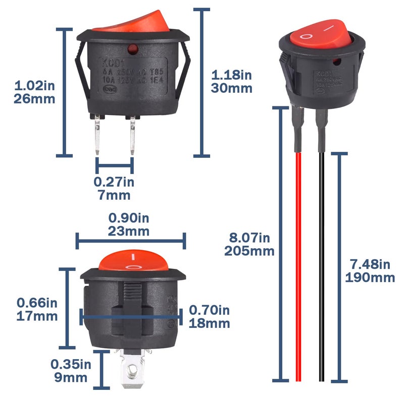 VEXUNGA Round Rocker Switch 12V ON Off Switches Small Mini 12Volt Toggle Switch 2Pin AC 6A 250V 10A 125V 12VDC KCD1 Red for Car Automotive Boat (5Pcs with Leads 5Pcs Without Wires) - Image 2